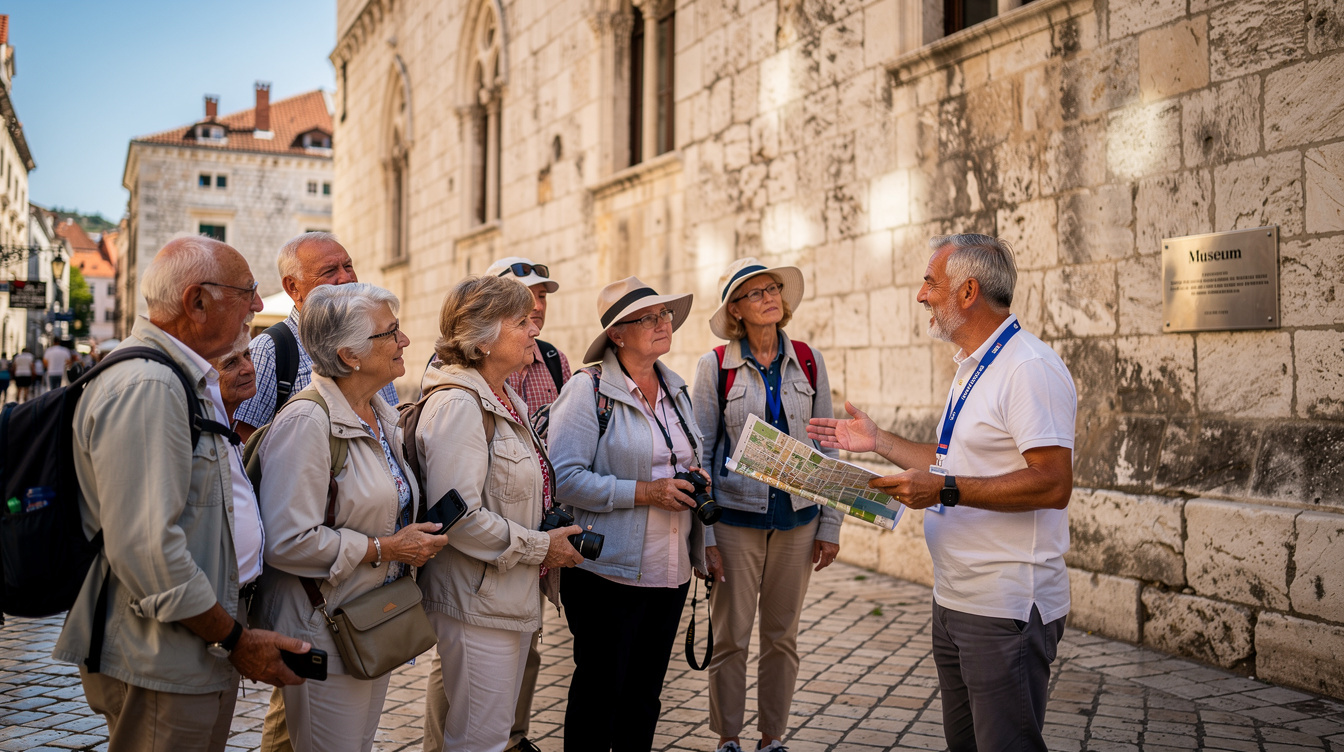 Group of seniors on a guided cultural sightseeing trip